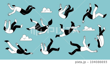 Falling doodle people. Persons floating or crash moving. Flying men and women poses. Accident with outline silhouettes. Sky clouds. Flight concept. Imagination and inspiration. Vector illustration 104086693