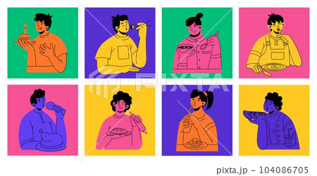 People eating food. Happy hungry person. Funny man with pizza. Woman drinking cola. Fast snacks. Italian dinner elements. Sushi and burger. Isolated bright square cards set. Vector tidy illustration 104086705