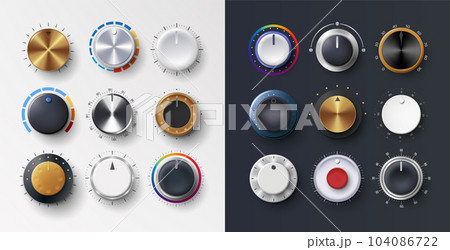 Volume knob. Switch button. Audio dashboard tumblers with stereo music control scales. Realistic radio levels tuners. Amplifier or mixer. Isolated recorder regulators. Vector exact dial elements set Volume knob. Switch button. Audio dashboard tumblers with stereo music control scales. Realistic radio levels tuners. Amplifier or mixer. Isolated recorder regulators. Vector exact dial elements set 104086722