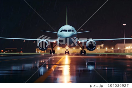 Airplane landing on airport runway for travel and transportation business Airplane landing on airport runway for travel and transportation business 104086927