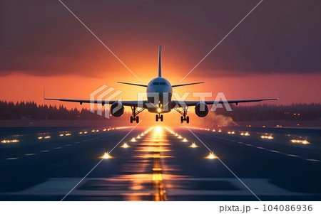 A passenger plane lands on the airport runway in a beautiful sunset light A passenger plane lands on the airport runway in a beautiful sunset light 104086936