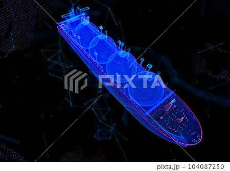 Gas carrier LNG. Blue particle and lines form 3d model Gas tanker. Digital technology visualization of 3d 104087250