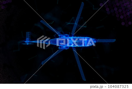 Helicopter. Military helicopter flying with action video camera on dark blue. Polygonal low poly background with connecting dots and lines Helicopter. Military helicopter flying with action video camera on dark blue. Polygonal low poly background with connecting dots and lines 104087325