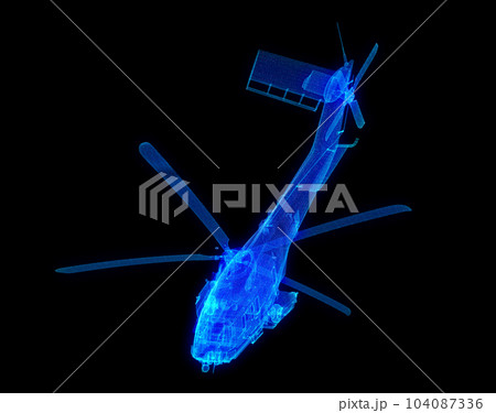 Glowing blue light 3d model helicopter with lines, dots and particles Glowing blue light 3d model helicopter with lines, dots and particles 104087336