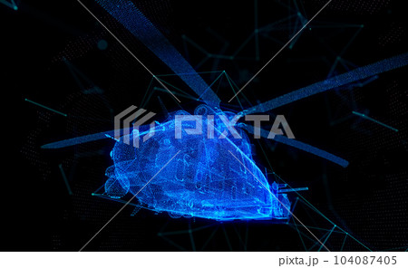 Abstract line and point helicopter. Military helicopter flying with action video camera on dark blue. Polygonal low poly background with connecting dots and lines 104087405