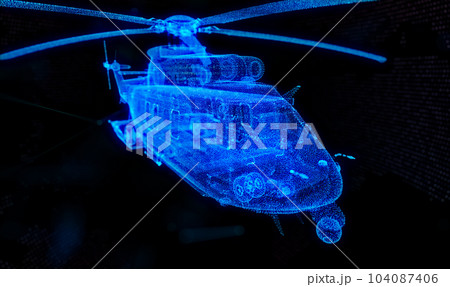 Military helicopter. Glow particles formation helicopter on a black background 104087406
