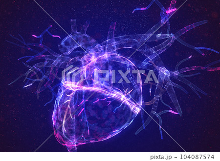 Human heart made of neon particles. Bright magic heart health concept art 104087574