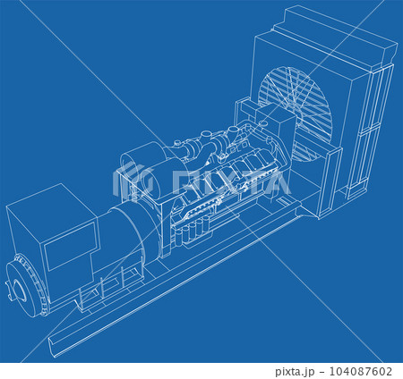 Generator. Diesel and gas industrial electric generator. The layers of visible and invisible lines are separated. Wire-frame outline Generator. Diesel and gas industrial electric generator. The layers of visible and invisible lines are separated. Wire-frame outline 104087602
