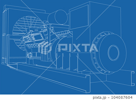 Diesel generator unit for factory. The layers of visible and invisible lines are separated. Wire-frame outline Diesel generator unit for factory. The layers of visible and invisible lines are separated. Wire-frame outline 104087604
