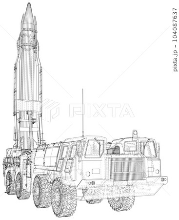 Weapons of mass destruction. A missile with a warhead looks into the sky, ready to launch. Nuclear weapons, chemical weapons. Bomb, shelling. Vector created of 3d 104087637