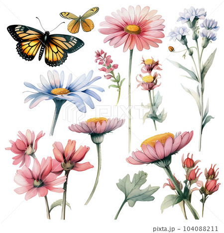 watercolor wildflowers and butterflies, AI Generative 104088211
