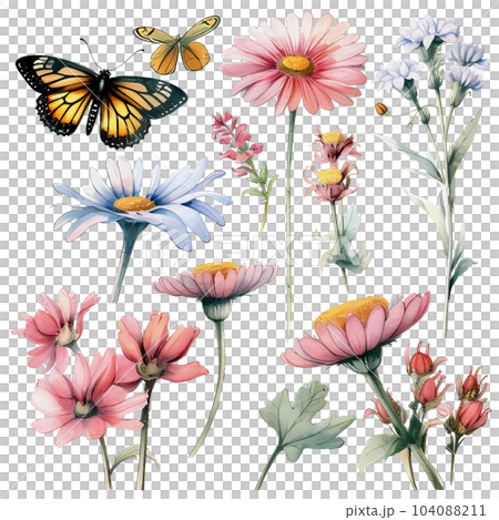 watercolor wildflowers and butterflies, AI Generative 104088211