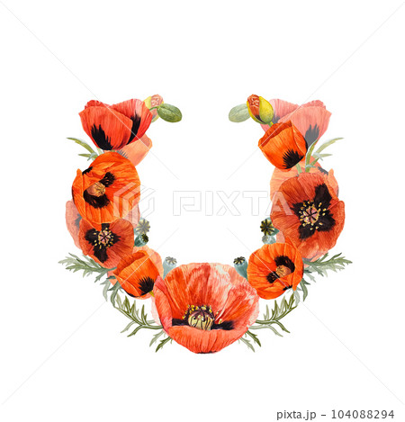 A wreath of poppy on an isolated white background. Greenery and red poppy flower. invitation frame. Red, blue, pink, sage, green tones. 104088294