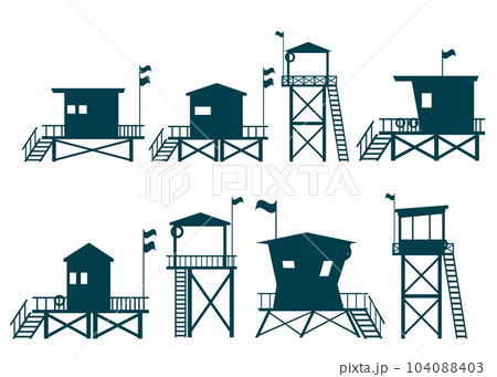 Collection of Lifeguard Tower icons. Station beach building 104088403