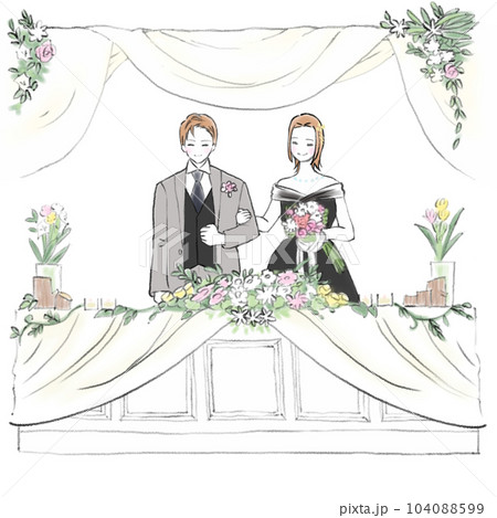 結婚式のメインテーブルと新郎新婦のイラスト 結婚式のメインテーブルと新郎新婦のイラスト 104088599