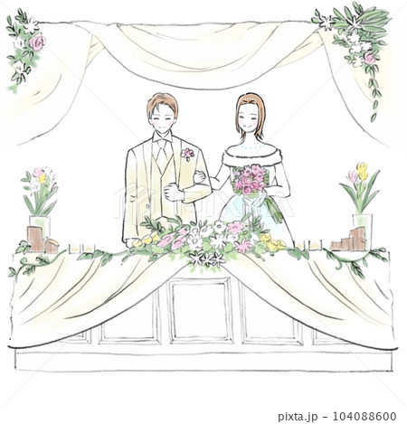 結婚式のメインテーブルと新郎新婦のイラスト 104088600