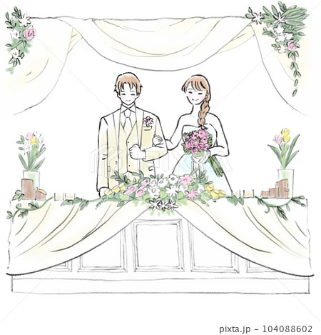 結婚式のメインテーブルと新郎新婦のイラスト 104088602