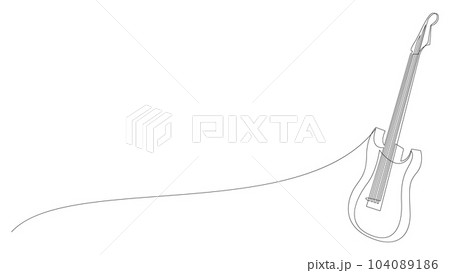 Continuous line drawing of electric guitar. Musical concept drawn by one line. Vector illustration. Continuous line drawing of electric guitar. Musical concept drawn by one line. Vector illustration. 104089186
