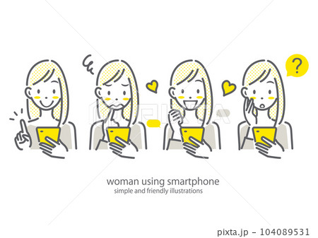 スマホを使う若い女性　表情セット　シンプルでお洒落な線画イラスト 104089531