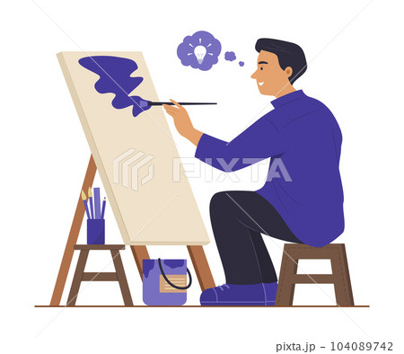 Artist Man Thinking Creative Idea and Painting Colors on Canvas 104089742