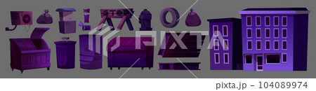 Night back alley city street cartoon vector set Night back alley city street cartoon vector set 104089974