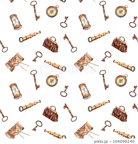 Adventure items vintage style watercolor seamless pattern isolated on white. Compass, spyglass, map, handbag, sandglass hand drawn. Design element for boy's print, textile, wallpaper, background Adventure items vintage style watercolor seamless pattern isolated on white. Compass, spyglass, map, handbag, sandglass hand drawn. Design element for boy's print, textile, wallpaper, background 104090240