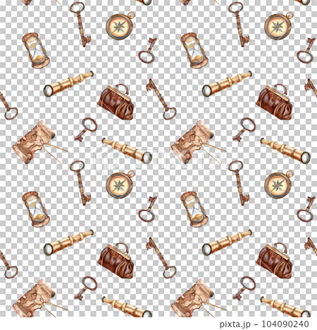 Adventure items vintage style watercolor seamless pattern isolated on white. Compass, spyglass, map, handbag, sandglass hand drawn. Design element for boy's print, textile, wallpaper, background Adventure items vintage style watercolor seamless pattern isolated on white. Compass, spyglass, map, handbag, sandglass hand drawn. Design element for boy's print, textile, wallpaper, background 104090240