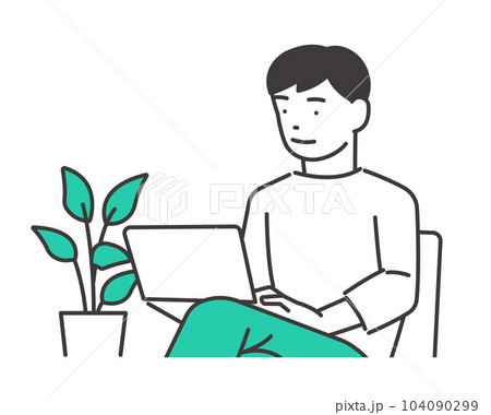 ソファに座りながらパソコンを触る男性のベクターイラスト素材／勉強／資格 104090299