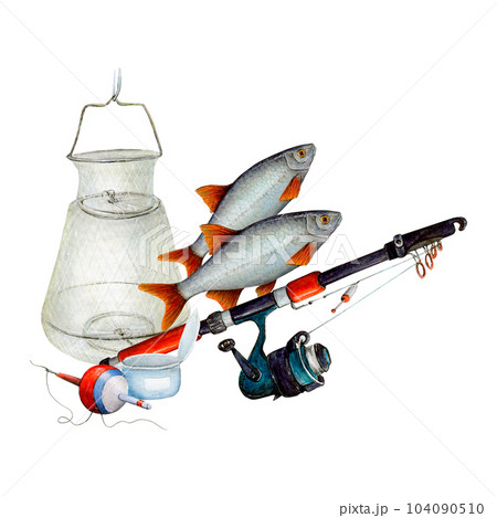 Watercolor drawing set of fishing gear: spinning rod with fishing line, bobbler, two fish, kukan net and can of bait. Angling equipment for logo, stickers, cards, banners, posters, textile, printing Watercolor drawing set of fishing gear: spinning rod with fishing line, bobbler, two fish, kukan net and can of bait. Angling equipment for logo, stickers, cards, banners, posters, textile, printing 104090510