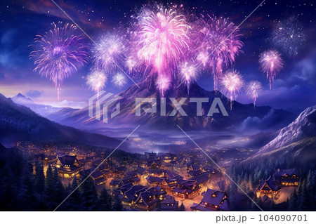Fireworks on the mountain 3D scene super high detail 104090701