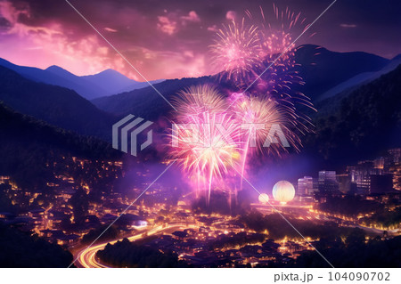 Fireworks on the mountain 3D scene super high detail 104090702