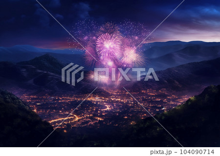 Fireworks on the mountain 3D scene super high detail 104090714