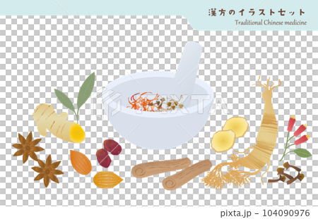 Illustration set of mortar and herbal medicine material Illustration set of mortar and herbal medicine material 104090976