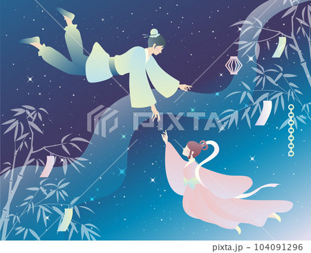 七夕の夜に逢う織姫と彦星の背景イラスト素材 夏 七夕祭 天の川 七夕飾り 104091296
