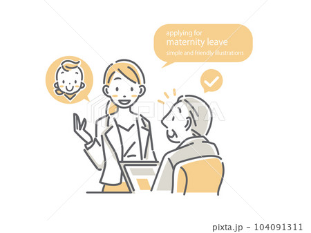 上司に育児休暇を申請する女性社員と快諾する上司　シンプルでお洒落な線画イラスト 104091311