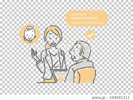 上司に育児休暇を申請する女性社員と快諾する上司　シンプルでお洒落な線画イラスト 104091311