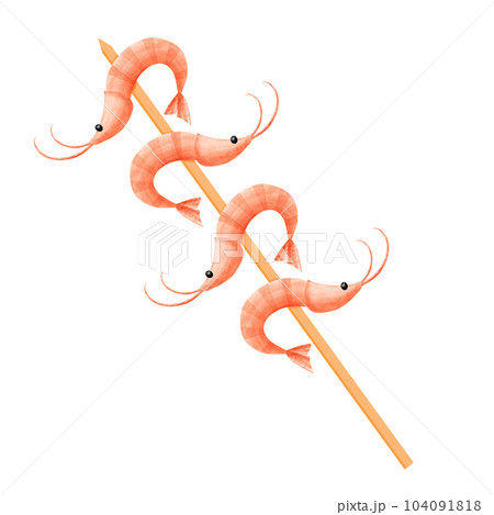 Grilled shrimps on wooden stick. Seafood concept. 104091818