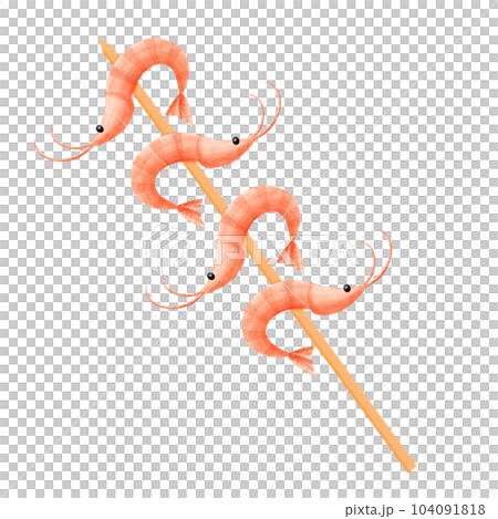Grilled shrimps on wooden stick. Seafood concept. 104091818