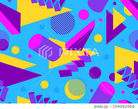 3D geometric seamless pattern in 80s style. 3d isometric triangles, zigzags and circles. Design for promotional products, wrapping paper and printing. Vector illustration 104092068