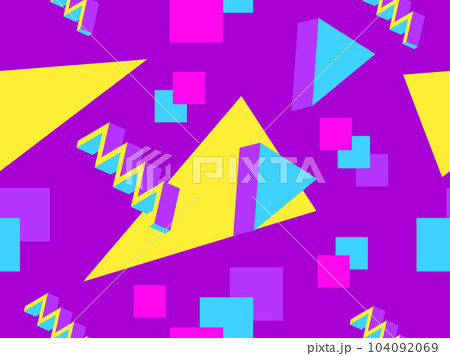 3D geometric seamless pattern in 80s style. 3d isometric triangles, zigzags and circles. Design for promotional products, wrapping paper and printing. Vector illustration 104092069