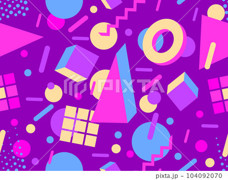 3D geometric seamless pattern in 80s style. 3d isometric triangles, zigzags and circles. Geometric memphis style. Design for promotional products, wrapping paper and printing. Vector illustration 3D geometric seamless pattern in 80s style. 3d isometric triangles, zigzags and circles. Geometric memphis style. Design for promotional products, wrapping paper and printing. Vector illustration 104092070