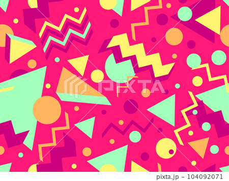 3D geometric seamless pattern in 80s style. 3d isometric triangles, zigzags and circles. Geometric memphis style. Design for promotional products, wrapping paper and printing. Vector illustration 3D geometric seamless pattern in 80s style. 3d isometric triangles, zigzags and circles. Geometric memphis style. Design for promotional products, wrapping paper and printing. Vector illustration 104092071