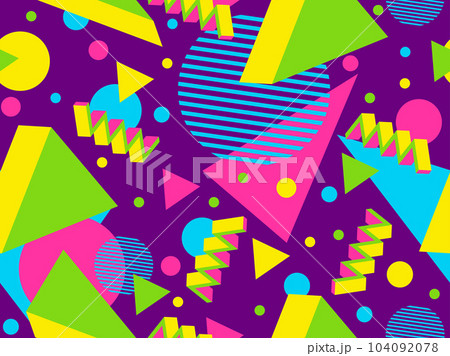 3D geometric seamless pattern in 80s style. 3d isometric triangles, zigzags and circles. Geometric memphis style. Design for promotional products, wrapping paper and printing. Vector illustration 104092078