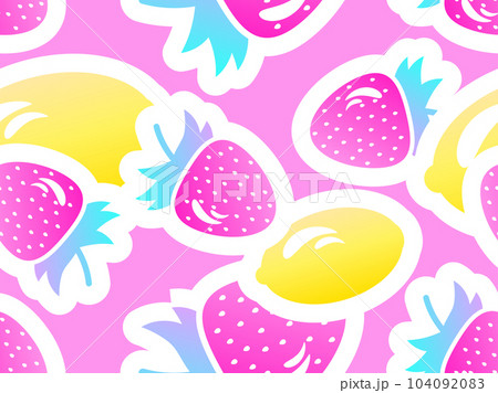 Strawberry with lemon seamless pattern. Summer citrus berry mix of lemon and strawberry with stroke in 3d style. Design for print, fabric and poster. Vector illustration Strawberry with lemon seamless pattern. Summer citrus berry mix of lemon and strawberry with stroke in 3d style. Design for print, fabric and poster. Vector illustration 104092083