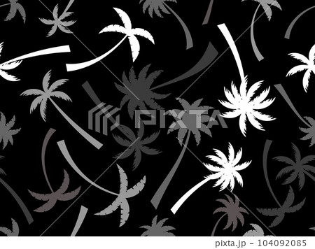 Black and white palm trees seamless pattern. Summer time, tropical pattern with palm trees on a black background. Design for printing t-shirts, banners and promotional items. Vector illustration 104092085