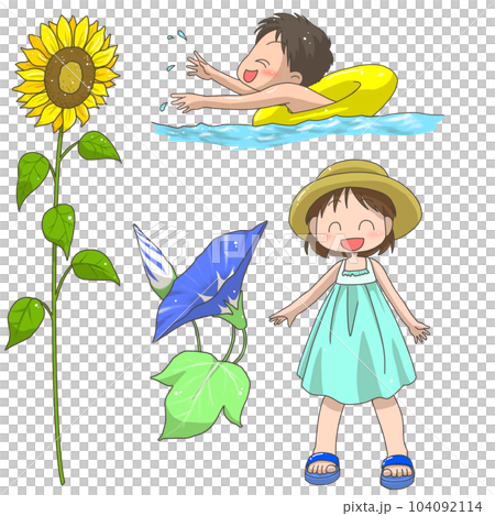 夏天的孩子和向日葵與牽牛花 夏天的孩子和向日葵與牽牛花 104092114