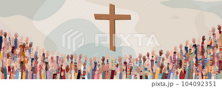 Group many Christians people with raised hands praying or singing.Christianity in the world.Christian worship.Concept of faith and hope in Jesus Christ.Background with wooden crucifix 104092351