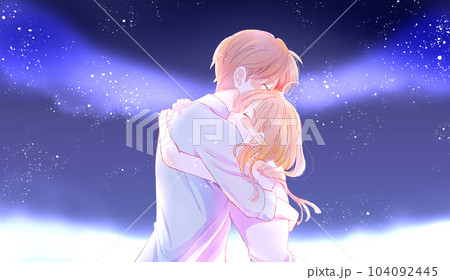幸せそうに抱き合う男女　夏　夜　星空　天の川　花畑　逆光 104092445