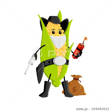 Cartoon wild west corn cob robber or bandit character. Isolated vector Explosive maize cob ranger personage with money sack, armed with gun and dynamite, ready to bring a fiery twist to any adventure Cartoon wild west corn cob robber or bandit character. Isolated vector Explosive maize cob ranger personage with money sack, armed with gun and dynamite, ready to bring a fiery twist to any adventure 104092622