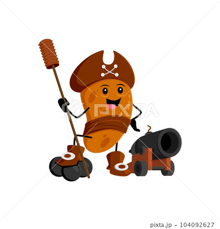 Cartoon potato pirate and corsair vegetable character. Isolated vector spud veggies personage wielding a cannon, ready for adventure on the high seas. Playful and whimsical swashbuckler tuber captain 104092627